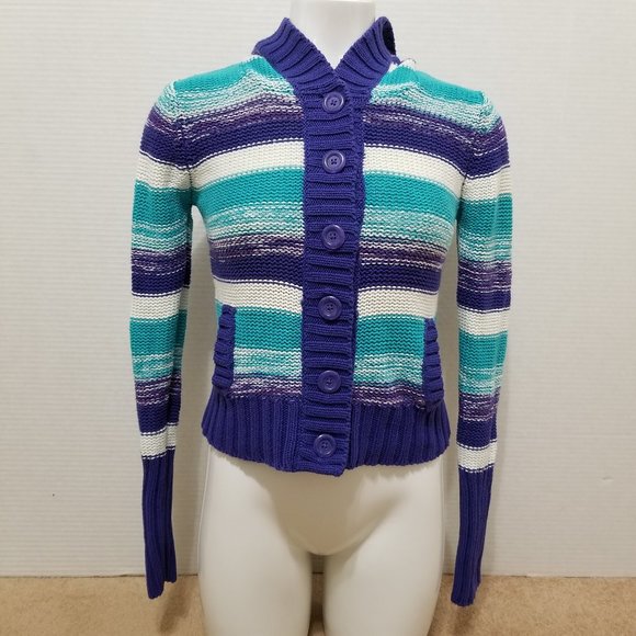 OP cardigan XL 14/16 striped button front knit hooded sweater pockets - Picture 1 of 12